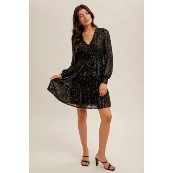 Black Metallic Sparkling Sequin Long Sleeve Tiered Holiday Cocktail Dress - Picture 2 of 5